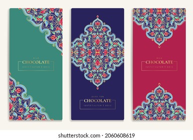 Vintage set of chocolate bar packaging design. Vector luxury template with ornament elements. Can be used for background and wallpaper. Great for food and drink package types.