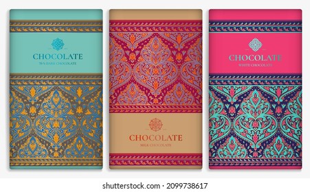 Vintage set of chocolate bar packaging design. Vector luxury template with ornament elements. Can be used for background and wallpaper. Great for food and drink package types.