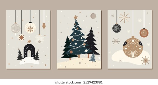 vintage set of christmas cards in minimalistic flat style. vector graphic art of group xmas cards with greetings. retro flat vector xmas template for posters, cards, backgrounds. limited palette cards