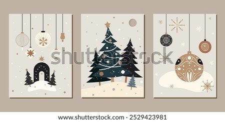 vintage set of christmas cards in minimalistic flat style. vector graphic art of group xmas cards with greetings. retro flat vector xmas template for posters, cards, backgrounds. limited palette cards