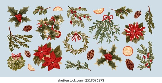 Vintage set of Christmas evergreen plants. Traditional Xmas decorations: door fir wreath, pine branches with cones, spruce tree twigs, holly berries and mistletoe. Flat isolated vector illustrations