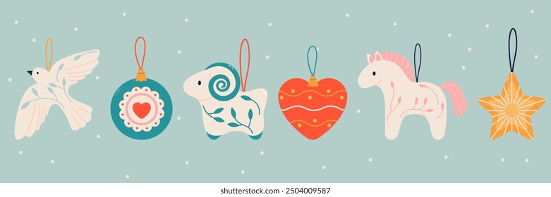 Vintage set of Christmas toys and decorations. Christmas holiday toys and decor. Animal-shaped decorations, dove, horse, sheep. Trendy modern vector illustration, hand drawn, flat design, isolated.