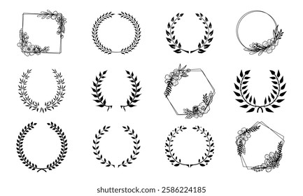 Vintage set circular laurel foliate wreaths Monochrome and black and white