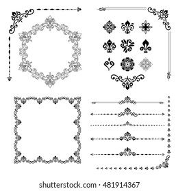 Vintage set of classic black elements. Different vector elements for decoration and design frames, cards, menus, backgrounds and monograms. Collection of floral ornaments