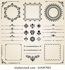 Vintage set of classic elements. Different vector elements for decoration and design frames, cards, menus, backgrounds and monograms. Collection of floral ornaments