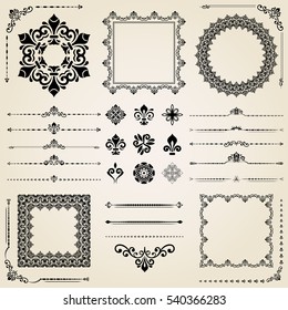 Vintage set of classic elements. Different vector elements for decoration and design frames, cards, menus, backgrounds and monograms. Classic patterns. Set of vintage patterns.