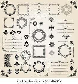 Vintage set of classic elements. Different vector elements for decoration and design frames, cards, menus, backgrounds and monograms. Classic patterns. Set of vintage patterns.