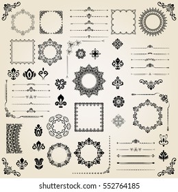 Vintage set of classic elements. Different vector elements for decoration and design frames, cards, menus, backgrounds and monograms. Classic patterns. Set of vintage patterns.