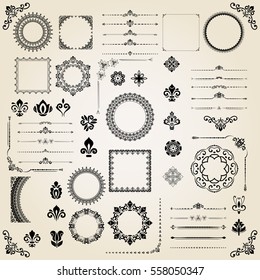 Vintage set of classic elements. Different vector elements for decoration and design frames, cards, menus, backgrounds and monograms. Classic patterns. Set of vintage patterns.