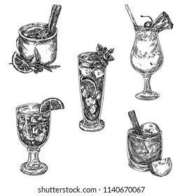 Vintage set of cocktail. Mulled wine, Pina colada, mojito, apple cider and sangria. Sketch. Engraving style. Vector illustration.