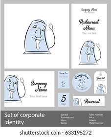 Vintage set of corporate style elements with kettle, business template. Branding for restaurant, cafe or pastry shop, electric blue smiling kettle on white background, vector illustration