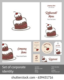 Vintage set of corporate style elements on with background, business template. Branding for restaurant, cafe or pastry shop, chocolate cake with cream and cherry, vector illustration