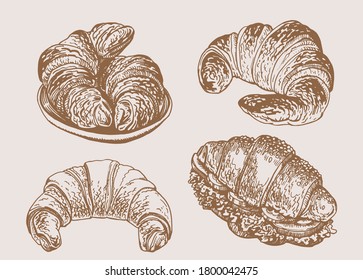 Vintage set of croissants, sepia background, fast food vector illustration