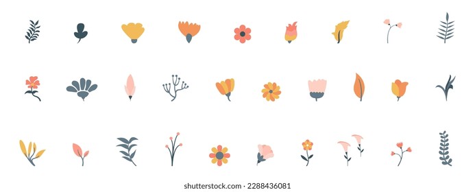 Vintage Set of Cute Flower, Foliage Collection with colorful floral Botanical bundle Elements. Nature of plants garden. Hand drawn Flat Style, suitable for wedding invitation or banner template