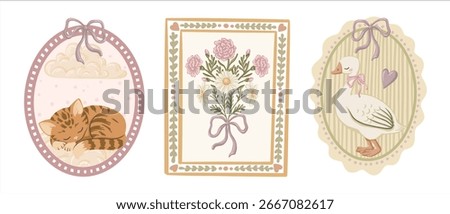 Vintage set with cute goose and kitten in pastel wavy frame. Hand drawn coquette cartoon illustration with pink ribbon bow and flower. Great for greeting card design and print decor or invitation.