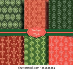 Vintage set with Damask ornaments pattern in green and orange color. Vector