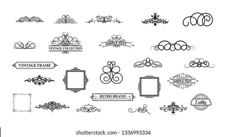 Vintage set decor elements. Decoration for logo, wedding album or restaurant menu. Elegance old hand drawing set. Ornate swirl leaves, label, curved lines and decor elements in vector.