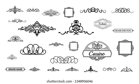 Vintage set decor elements. Decoration for logo, wedding album or restaurant menu. Elegance old hand drawing set. Ornate swirl leaves, label, curved lines and decor elements in vector.