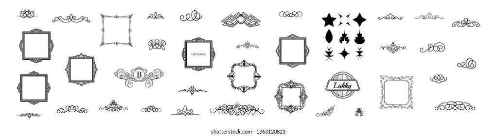 Vintage set decor elements. Decoration for logo, wedding album or restaurant menu. Elegance old hand drawing set. Ornate swirl leaves, label, curved lines and decor elements in vector.