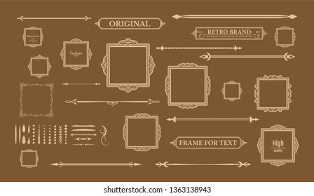 Vintage set decor elements. Decoration for logo, wedding album or restaurant menu. Elegance old hand drawing set. Ornate swirl leaves, label, curved lines and decor elements in vector.
