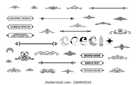Vintage set decor elements. Decoration for logo, wedding album or restaurant menu. Elegance old hand drawing set. Ornate swirl leaves, label, curved lines and decor elements in vector.