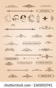 Vintage set decor elements. Decoration for logo, wedding album or restaurant menu. Elegance old hand drawing set. Ornate swirl leaves, label, curved lines and decor elements in vector.