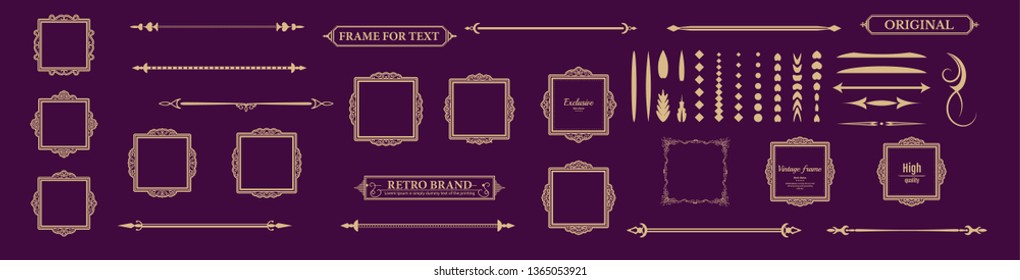 Vintage set decor elements. Decoration for logo, wedding album or restaurant menu. Elegance old hand drawing set. Ornate swirl leaves, label, curved lines and decor elements in vector.