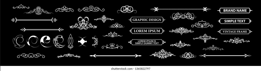 Vintage set decor elements. Decoration for logo, wedding album or restaurant menu. Elegance old hand drawing set. Ornate swirl leaves, label, curved lines and decor elements in vector.