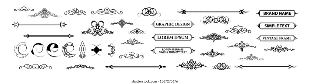 Vintage set decor elements. Decoration for logo, wedding album or restaurant menu. Elegance old hand drawing set. Ornate swirl leaves, label, curved lines and decor elements in vector.