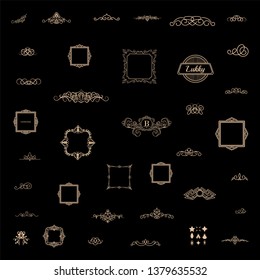 Vintage set decor elements. Decoration for logo, wedding album or restaurant menu. Elegance old hand drawing set. Ornate swirl leaves, label, curved lines and decor elements in vector.
