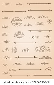 Vintage set decor elements. Decoration for logo, wedding album or restaurant menu. Elegance old hand drawing set. Ornate swirl leaves, label, curved lines and decor elements in vector.