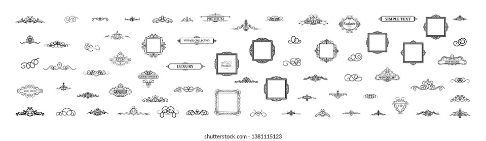 Vintage set decor elements. Decoration for logo, wedding album or restaurant menu. Elegance old hand drawing set. Ornate swirl leaves, label, curved lines and decor elements in vector.