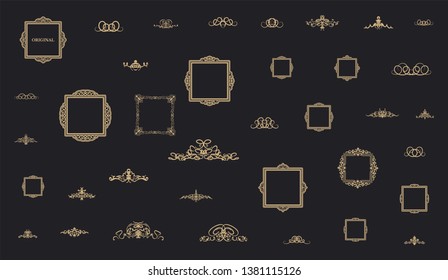Vintage set decor elements. Decoration for logo, wedding album or restaurant menu. Elegance old hand drawing set. Ornate swirl leaves, label, curved lines and decor elements in vector.
