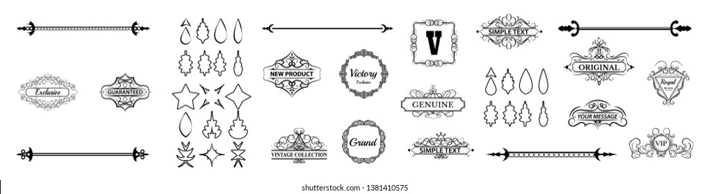 Vintage set decor elements. Decoration for logo, wedding album or restaurant menu. Elegance old hand drawing set. Ornate swirl leaves, label, curved lines and decor elements in vector.
