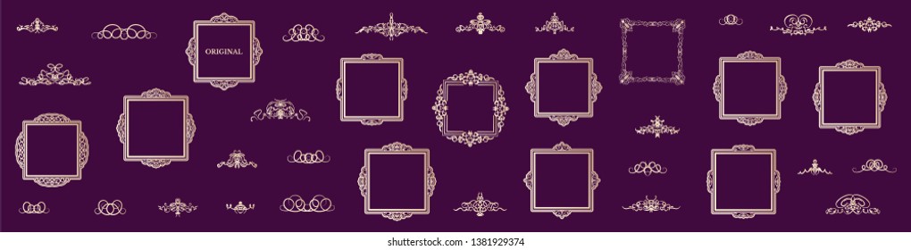 Vintage set decor elements. Decoration for logo, wedding album or restaurant menu. Elegance old hand drawing set. Ornate swirl leaves, label, curved lines and decor elements in vector.