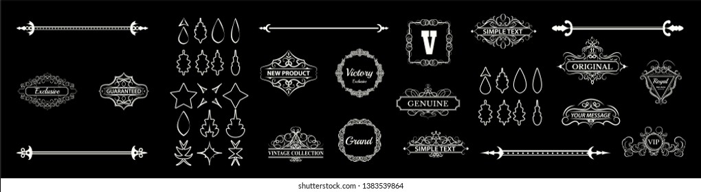 Vintage set decor elements. Decoration for logo, wedding album or restaurant menu. Elegance old hand drawing set. Ornate swirl leaves, label, curved lines and decor elements in vector.