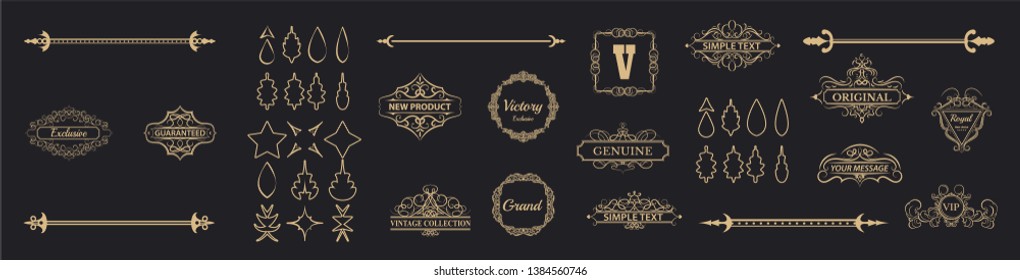 Vintage set decor elements. Decoration for logo, wedding album or restaurant menu. Elegance old hand drawing set. Ornate swirl leaves, label, curved lines and decor elements in vector.