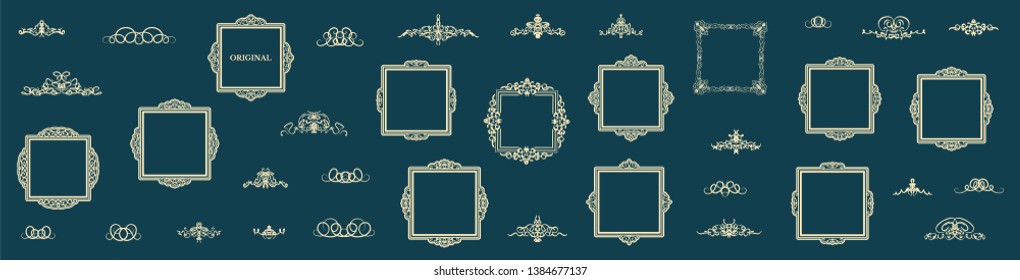 Vintage set decor elements. Decoration for logo, wedding album or restaurant menu. Elegance old hand drawing set. Ornate swirl leaves, label, curved lines and decor elements in vector.