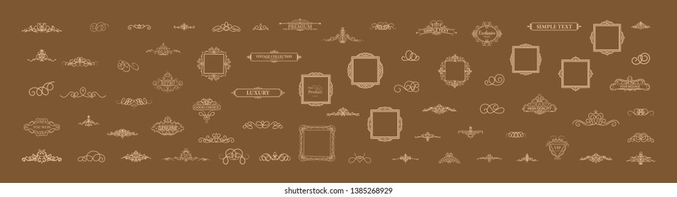 Vintage set decor elements. Decoration for logo, wedding album or restaurant menu. Elegance old hand drawing set. Ornate swirl leaves, label, curved lines and decor elements in vector.