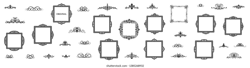 Vintage set decor elements. Decoration for logo, wedding album or restaurant menu. Elegance old hand drawing set. Ornate swirl leaves, label, curved lines and decor elements in vector.