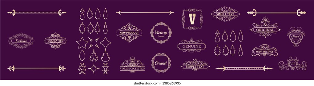 Vintage set decor elements. Decoration for logo, wedding album or restaurant menu. Elegance old hand drawing set. Ornate swirl leaves, label, curved lines and decor elements in vector.