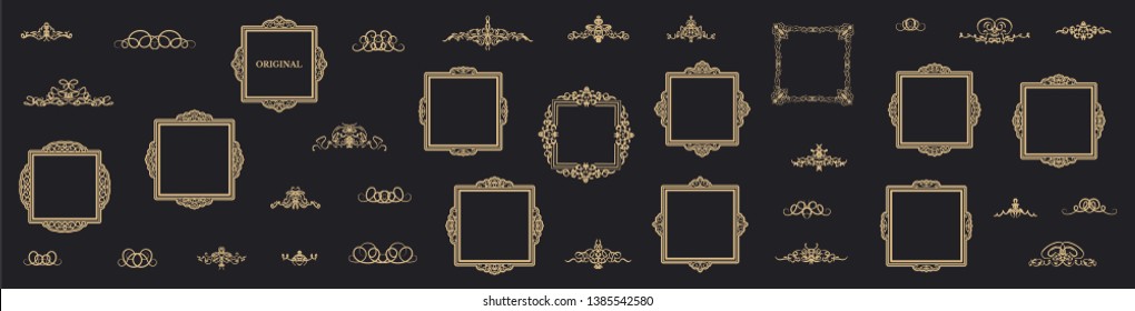 Vintage set decor elements. Decoration for logo, wedding album or restaurant menu. Elegance old hand drawing set. Ornate swirl leaves, label, curved lines and decor elements in vector.