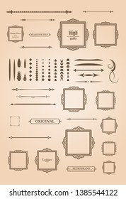 Vintage set decor elements. Decoration for logo, wedding album or restaurant menu. Elegance old hand drawing set. Ornate swirl leaves, label, curved lines and decor elements in vector.