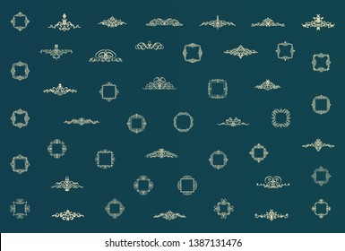 Vintage set decor elements. Decoration for logo, wedding album or restaurant menu. Elegance old hand drawing set. Ornate swirl leaves, label, curved lines and decor elements in vector.