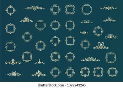 Vintage set decor elements. Decoration for logo, wedding album or restaurant menu. Elegance old hand drawing set. Ornate swirl leaves, label, curved lines and decor elements in vector.