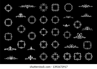 Vintage set decor elements. Decoration for logo, wedding album or restaurant menu. Elegance old hand drawing set. Ornate swirl leaves, label, curved lines and decor elements in vector.