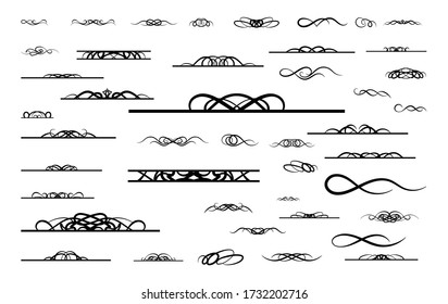 Die Dekoration der Vintage-Zimmer. Dekoration für Logo, Hochzeitsalbum oder Speisekarte. Elegantes, altes Zeichensatz. Verzierte wirbelnde Blätter, Etikett, gekrümmte Linien und Dekorelemente in Vektor.