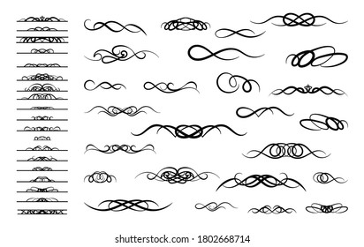 Vintage set decor elements. Decoration for logo, wedding album or restaurant menu. Elegance old hand drawing set. Ornate swirl leaves, label, curved lines and decor elements in vector.