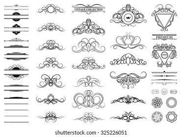 Vintage Set Decor Elements. Decoration For Logo, Wedding Album Or Restaurant Menu. Elegance Old Hand Drawing Set. Ornate Swirl Leaves, Label, Curved Lines And Decor Elements In Vector. 