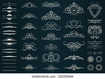 Vintage set decor elements. Decoration for logo, wedding album or restaurant menu. Elegance old hand drawing set. Ornate swirl leaves, label, curved lines and decor elements in vector. 